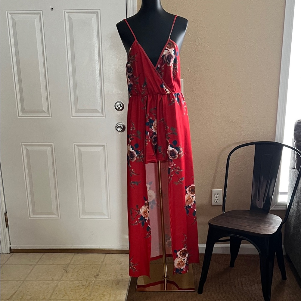 Chic Floral Red Jumpsuit